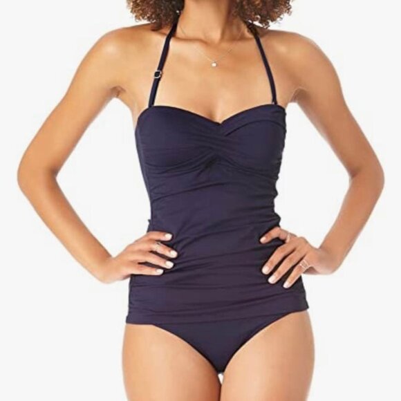 ANNE COLE Twist-Front Bandeau Swim Top Tankini Ruched Body Navy Size S - Picture 1 of 5